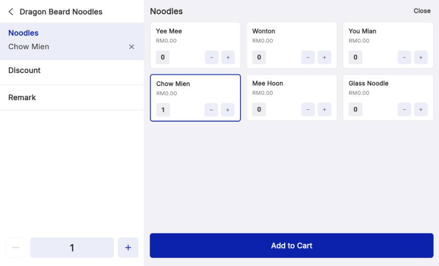 Set modifiers, then Add to Cart.