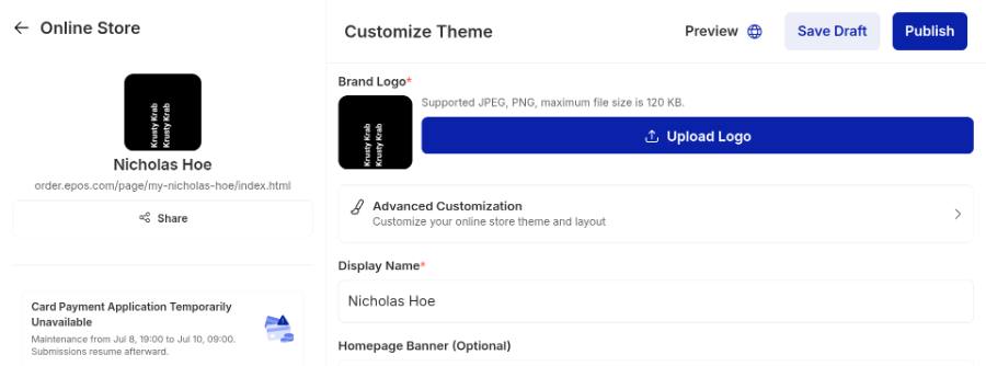 One screen runs the storefront. Logo, name, banner and layout all live under Customize Theme.